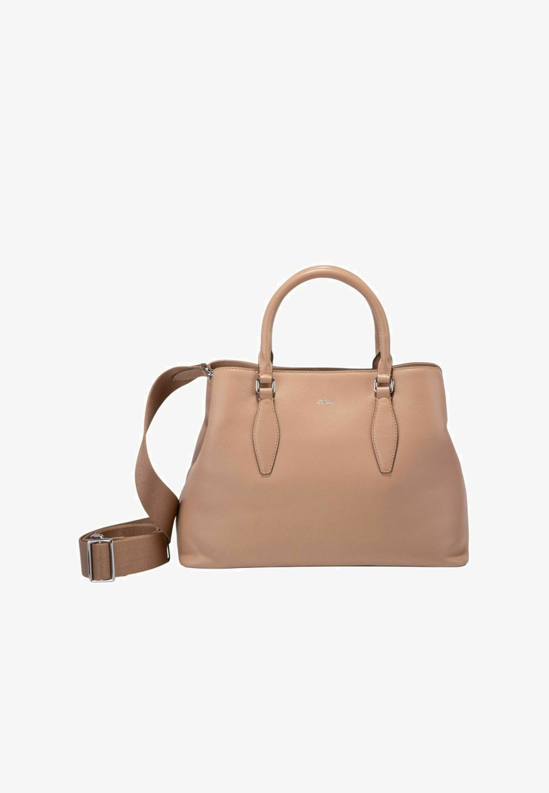 Handtasche aus hellbraunem Leder mit zwei Griffen und einem abnehmbaren Schultergurt. Verfügt über eine glatte Oberfläche und einen Reißverschluss. Sichtbare silberne Metallakzente.