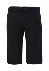 Zwarte katoenen shorts met een knoopsluiting, vlakke voorkant, rechte snit en knie-lange ontwerp zonder zichtbare patronen of accenten.