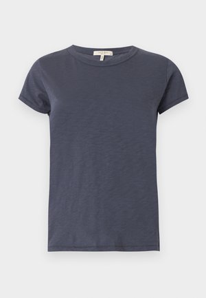 T-shirt bleu marine à manches courtes avec col rond et ourlet droit, fabriqué en tissu léger en coton.