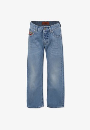 Jeans in denim azzurro chiaro con un design a gamba larga, cinque tasche e una decorazione a zigzag sulla tasca frontale. Presentano un cinturino con marchio.