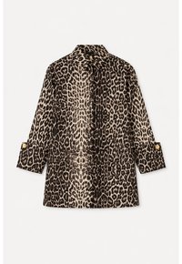 Chemise à manches longues boutonnée, imprimé léopard marron et noir avec des boutons dorés aux poignets, présentée sur un fond clair.
