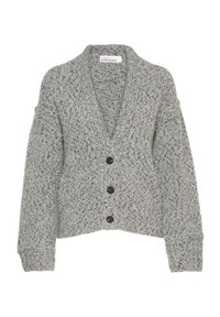 Grå stickad cardigan med djup V-ringning, långa ärmar och fem mörka knappar. Har en texturerad, lös väv och ribbade ärmslut.