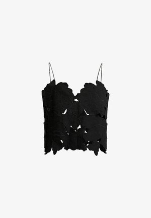 Crop top noir avec des découpes en couches en forme de feuilles, des bretelles fines et ajustables, et une finition texturée pour un design structuré.