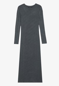 Langermet, mørkegrå kjole laget av mykt strikket materiale. Har teksturerte vertikale striper langs ermene og kroppen. Rund utringning.