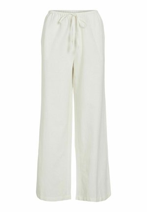 Šviesių spalvų, plačių kojų kelnės, pagamintos iš minkštos medžiagos, su elastinga juosta ir raišteliu, leidžiančiu reguliuoti dydį.