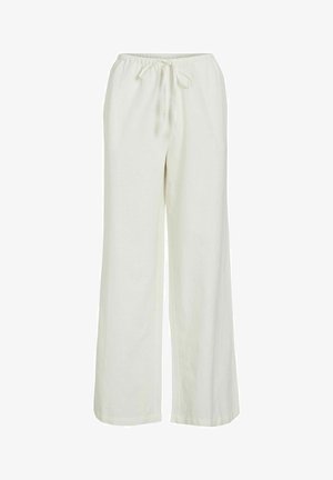 Šviesių spalvų, plačių kojų kelnės, pagamintos iš minkštos medžiagos, su elastinga juosta ir raišteliu, leidžiančiu reguliuoti dydį.