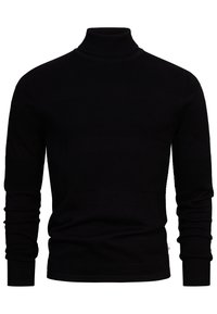 Svart stickad turtleneck-tröja med ribbad krage och ärmslut. Har texturerade mönster och en figursydd silhuett.