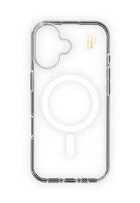 Gennemsigtig mobiltelefondæksel med et cirkulært magnetisk opladningsområde, med tynde, fleksible kanter og minimal branding i gul tekst.