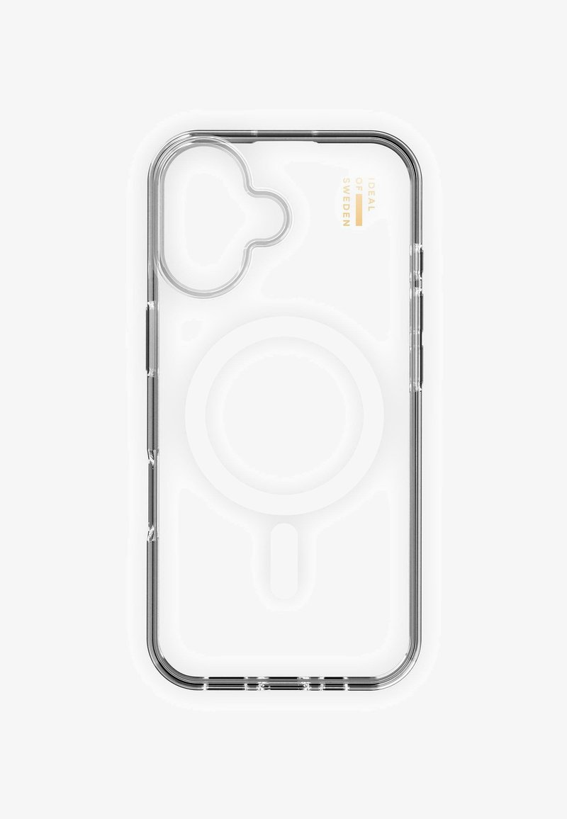 Gennemsigtig mobiltelefondæksel med et cirkulært magnetisk opladningsområde, med tynde, fleksible kanter og minimal branding i gul tekst.