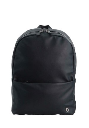 Black leather backpack with a rounded shape, dual zippered closure, front pocket, and a small logo on the lower right corner.