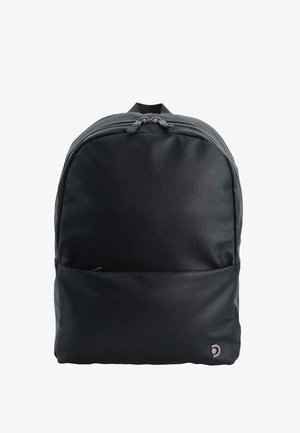 Black leather backpack with a rounded shape, dual zippered closure, front pocket, and a small logo on the lower right corner.