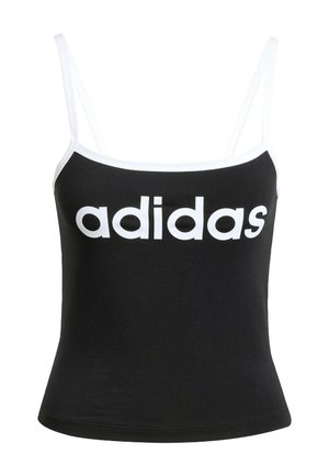 Black tank top made of cotton, featuring thin straps, a fitted design, and a prominent white "adidas" logo on the front.