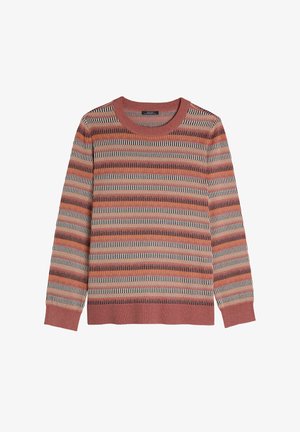 Pull en tricot rayé dans des tons rouille, crème et gris foncé. Il présente un col ras du cou, des manches longues et des poignets et un ourlet côtelés. Motif texturé sur l'ensemble.