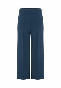 Marineblauwe wijde broek gemaakt van een gladde stof, met een platte tailleband en zonder zichtbare hardware of zakken.