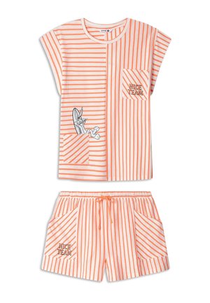 Pruhovaný oranžovo-bílý pyžamový set, který obsahuje vršek s krátkým rukávem a kapsou, ilustrační detaily a odpovídající šortky s elastickým pasem.