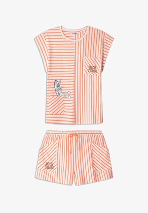 Pruhovaný oranžovo-bílý pyžamový set, který obsahuje vršek s krátkým rukávem a kapsou, ilustrační detaily a odpovídající šortky s elastickým pasem.