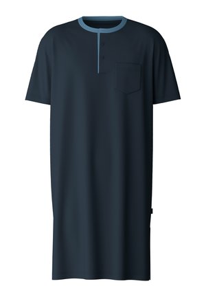 Dunkelblaues Kurzarmhemdkleid mit einem hellblauen Ausschnitt, einem knappbaren Frontverschluss mit drei Knöpfen und einer linken Brusttasche. Glatter, leichter Stoff.