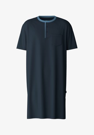 Dunkelblaues Kurzarmhemdkleid mit einem hellblauen Ausschnitt, einem knappbaren Frontverschluss mit drei Knöpfen und einer linken Brusttasche. Glatter, leichter Stoff.