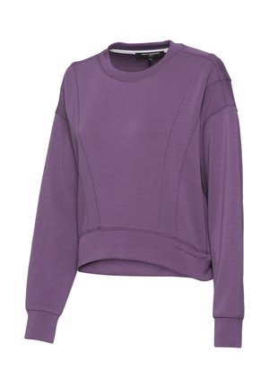 Purple cropped sweatshirt with long sleeves, crew neck, and structured seams. Made of soft, stretchy fabric with a smooth texture.