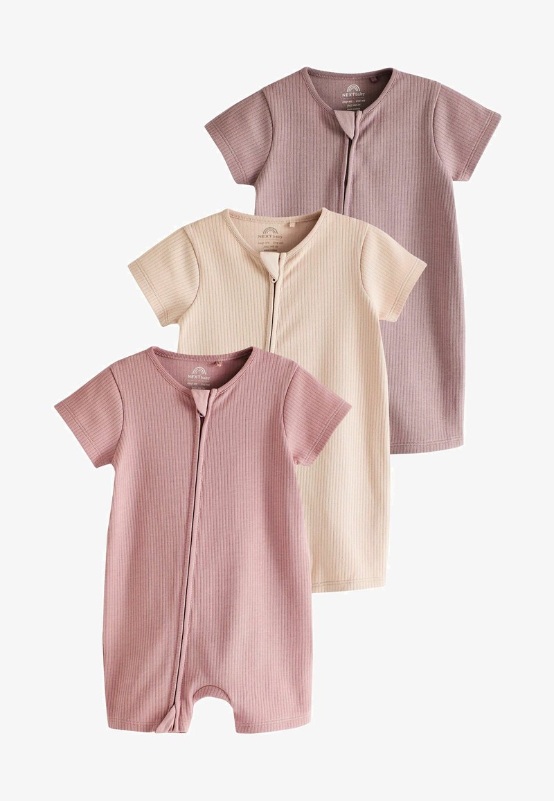 Sæt af tre babyrumper i blødt ribbet stof. Farver: dæmpet pink, creme og lys lavendel. Har korte ærmer og lynlås-lukning.