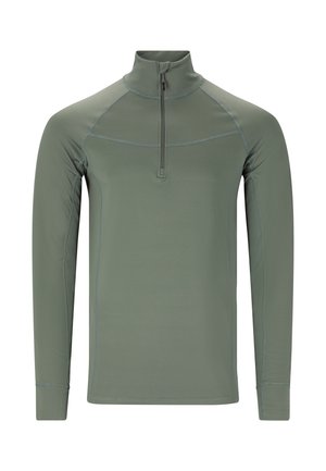 Pullover a maniche lunghe in tessuto verde tenue, con colletto a zip quarti, dettagli cuciti e un design aderente adatto per il layering.