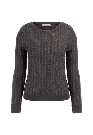 Gray knitted sweater with ribbed texture, round neckline, long sleeves, and fitted hem. Features subtle logo accent on the bottom left side.
