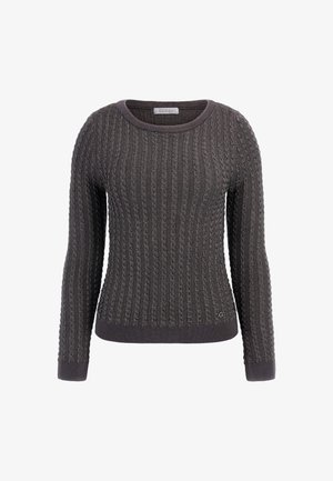 Grauer gestrickter Pullover mit gerippter Textur, rundem Ausschnitt, langen Ärmeln und taillierter Säume. Enthält ein dezentes Logo-Detail auf der linken Unterseite.