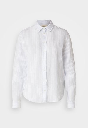 Světle modrá a bílá pruhovaná košile na knoflíky, vyrobená z prodyšného materiálu, s klasickým límečkem a dlouhými rukávy s knoflíkovými manžetami.