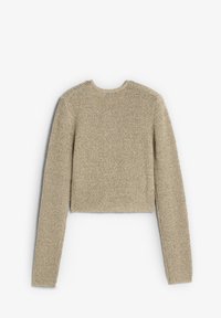 Beige long-sleeve textured knit sweater with a crew neckline, laid flat against a white background.