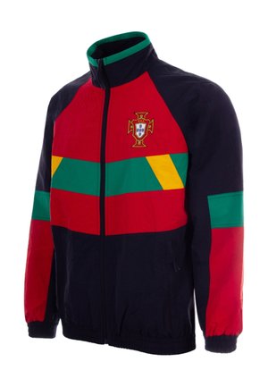 Zwart, rood, groen en geel jack met ritssluiting met het voetbalwapen van Portugal op de borst, elastische manchetten en colorblock-ontwerp op de mouwen en voorkant.