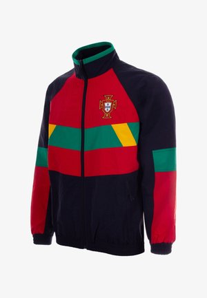Zwart, rood, groen en geel jack met ritssluiting met het voetbalwapen van Portugal op de borst, elastische manchetten en colorblock-ontwerp op de mouwen en voorkant.