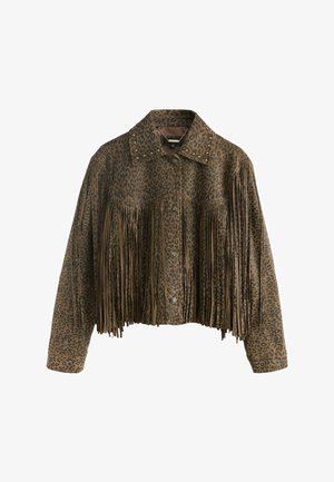 Braune kurz geschnittene Jacke mit Leopardenmuster, Knopfleiste, genietetem Kragen sowie langen Fransen über Brust und Ärmeln.