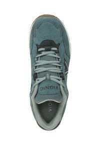 Teal suede sneaker with mesh accents, flat laces, and a cushioned sole. Features a logo on the tongue and an additional texture around the heel.