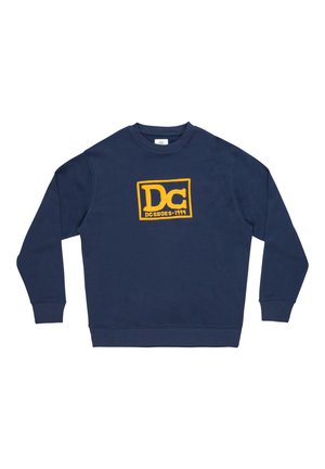 Navy blue sweatshirt made of cotton blend, featuring a bold yellow graphic logo centered on the front, ribbed cuffs, and hem.