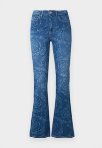 Τζιν παντελόνια καμπάνα σε σκούρο μπλε, με λεπτό λουλουδένιο μοτίβο, σχεδιασμό με πέντε τσέπες, εμπρόσθιο κούμπωμα με κουμπιά και τυπική μέση.