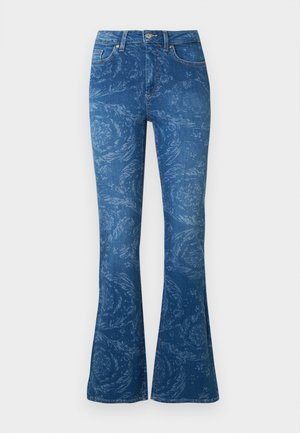 Jeansi evazați din denim închis, de culoare albastru închis, cu un model floral subtil, design cu cinci buzunare, închidere frontală cu nasturi și talie standard.