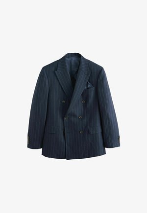 Doppelreihiges marineblaues Nadelstreifen-Sakko mit spitzen Revers, Fronttaschen, Knopfdetails und passendem Einstecktuch.