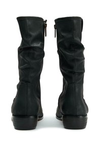 Black leather knee-high boots with a slouched design. Features include a smooth texture, back zipper closure, and a short stacked heel.