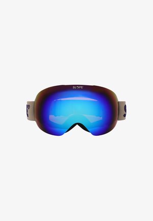 Skibril met een groot blauw verlooplens, een donker montuur en een grijze elastische band met het merk "SLOPE" erop gegraveerd. Vloeiend, gebogen ontwerp.