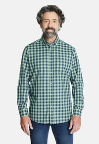 Camisa de cuadros verde y marino, de botones, de manga larga, con cuello, que presenta un corte recto y un ajuste clásico. Material de algodón con textura suave.