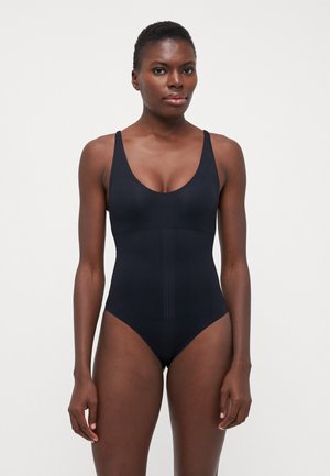 Black one-piece swimsuit made of smooth fabric, featuring a deep scoop neckline, wide shoulder straps, and a fitted silhouette.