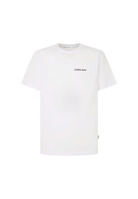 Camiseta de algodón blanca con mangas cortas y cuello redondo. Presenta un pequeño logo negro de "PEPE JEANS" en la parte izquierda del pecho.