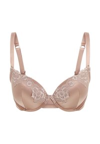 Beige Satin-BH mit floralem Spitzenrand entlang der Oberkante, gepolsterten Cups und verstellbaren Trägern. Verfügt über einen Hakenverschluss im Rücken.