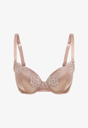 Beige satin bra with floral lace trim along the top, padded cups, and adjustable straps. Features a hook closure at the back.