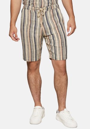 Stribede shorts i beige, marineblå og orange nuancer. Lavet af et blødt, struktureret stof med elastisk talje og snøre. Længden når midt på låret.