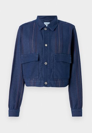 Cropped denim jacket in dark blue with vertical stripes, button closure, and two chest pockets. Textured fabric with slight sheen.