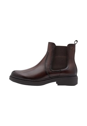 Bottine Chelsea en cuir marron foncé avec panneau latéral élastique, languette au talon et semelle basse noire, vue de l'extérieur.