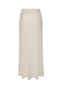 Langer cremefarbener Rock mit gerippter Textur, ausgestattet mit einem taillierten Bund und einer fließenden Silhouette, die bis zum Knöchel reicht.