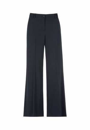 Pantalons larges bleu marine foncé en tissu lisse, dotés d'une fermeture à bouton à l'avant, de passants de ceinture et sans motifs ni accents visibles.
