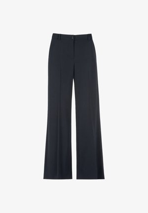 Pantalones de pierna ancha en un azul marino oscuro, fabricados con un tejido suave, que presentan un cierre frontal de botón, pasadores para cinturón y sin patrones ni acentos visibles.